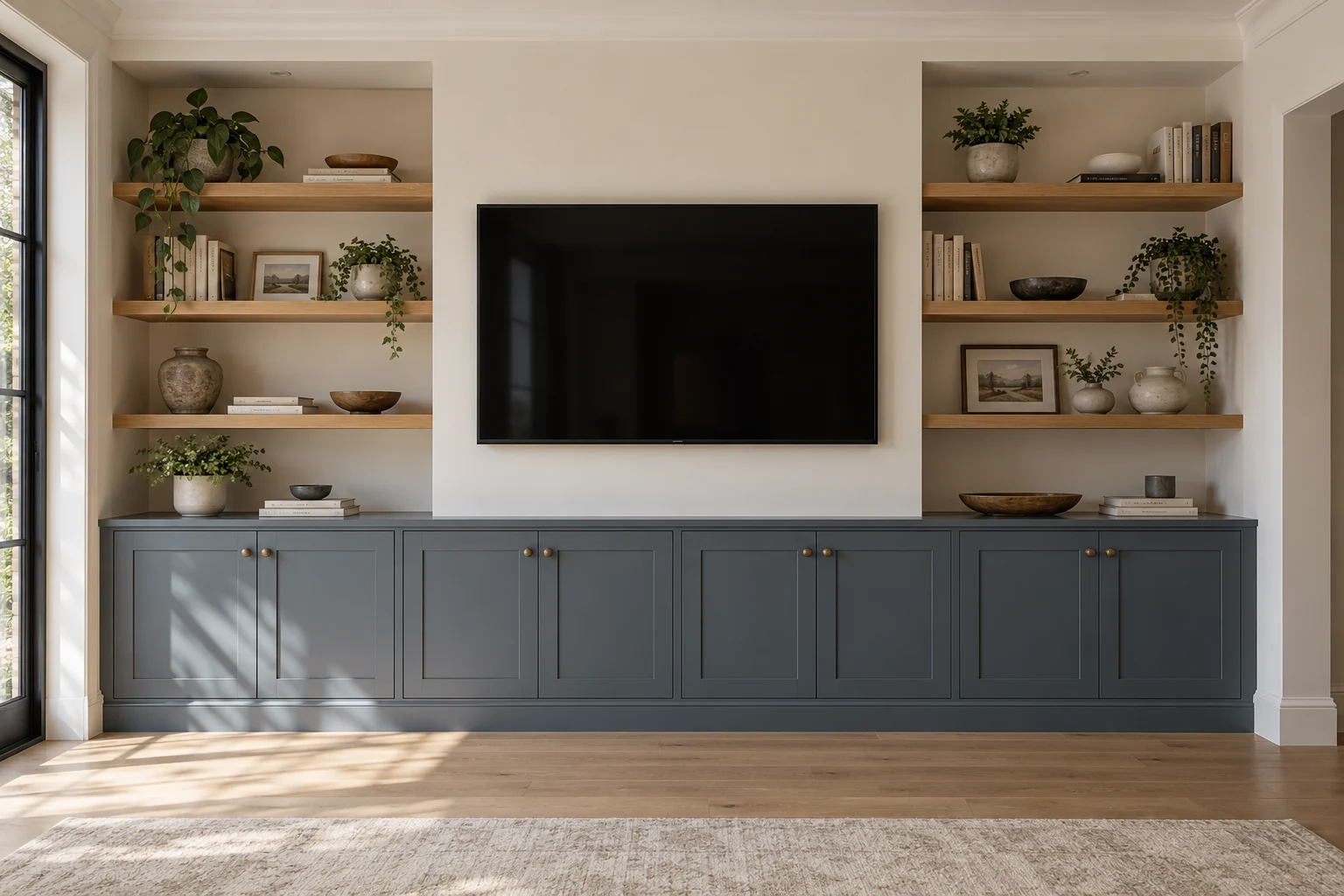 Design concept: Navy built-in media cabinetry with pale oak shelves, balanced proportions and natural daylight.