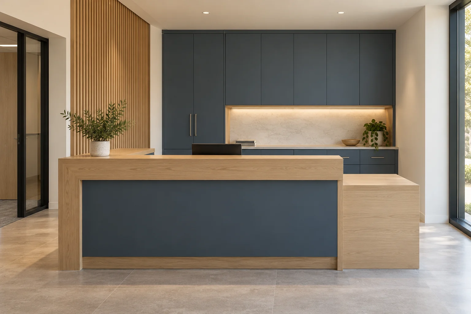 Design concept: Oak reception desk with navy panels, slatted timber walls and integrated cabinetry.