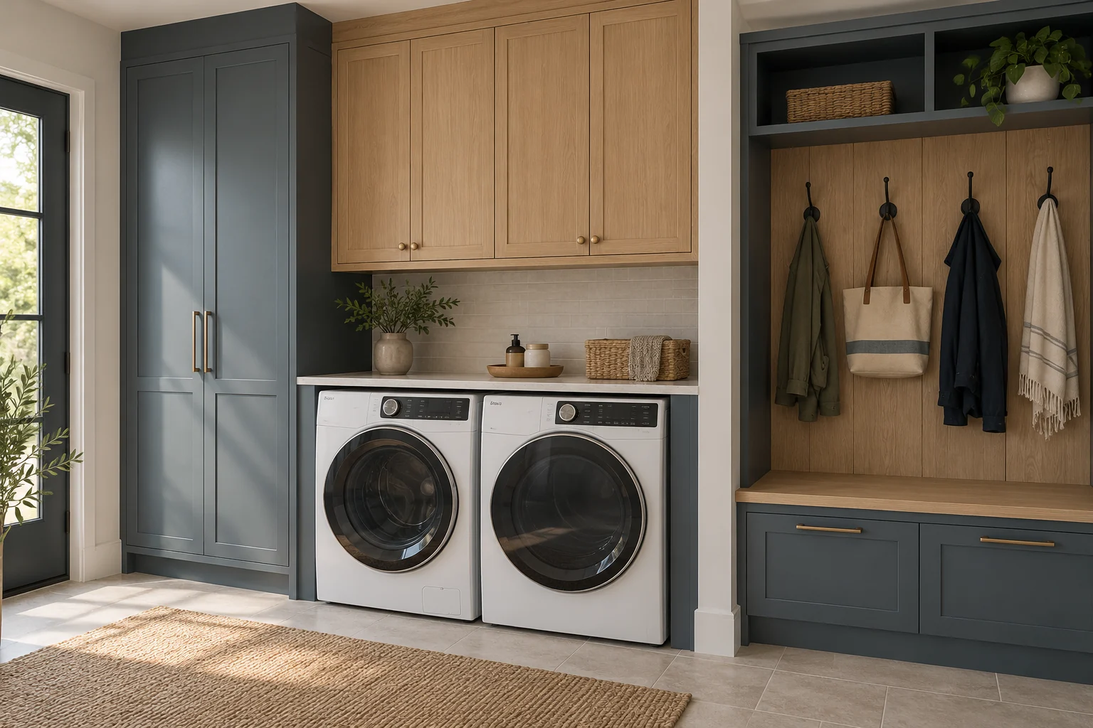 Design concept: Navy and oak laundry cabinetry with integrated appliance space and a fitted mudroom bench.
