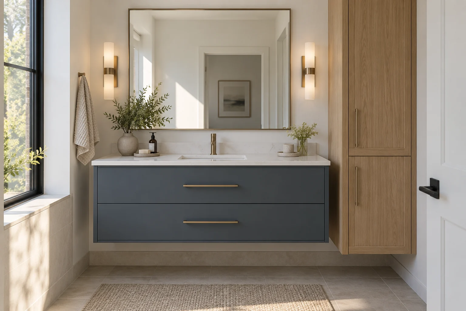 Design concept: Floating navy vanity with pale stone, oak storage and soft architectural lighting.