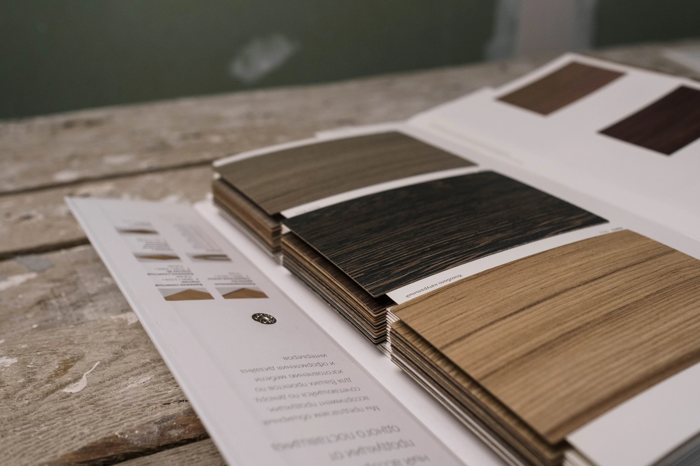 Wood and finish samples arranged for material selection.